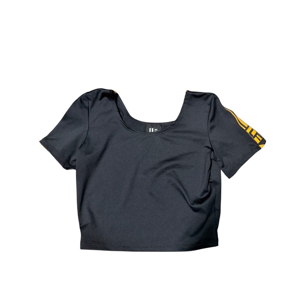 LF Los Angeles Black Crop Top Yellow‎ Logo Stripe Sleeve XS K278 9691 Sporty
